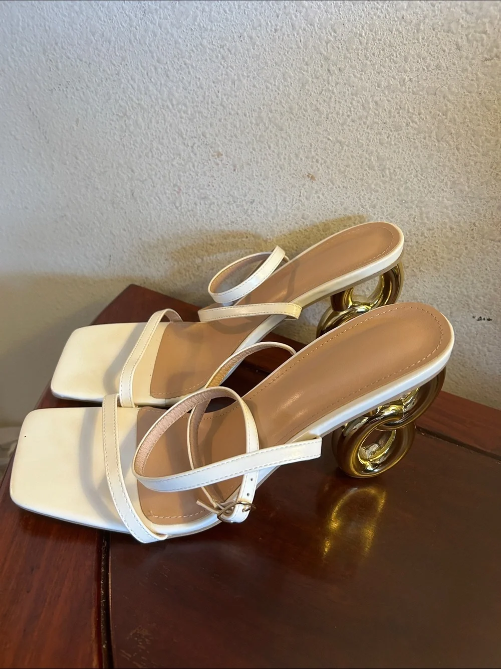White Strappy Heeled Sandals with Sculptural Gold Ring Heel